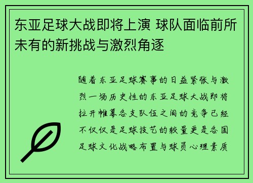 东亚足球大战即将上演 球队面临前所未有的新挑战与激烈角逐