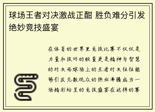 球场王者对决激战正酣 胜负难分引发绝妙竞技盛宴