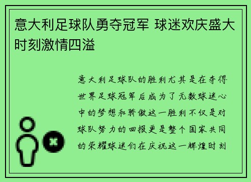 意大利足球队勇夺冠军 球迷欢庆盛大时刻激情四溢