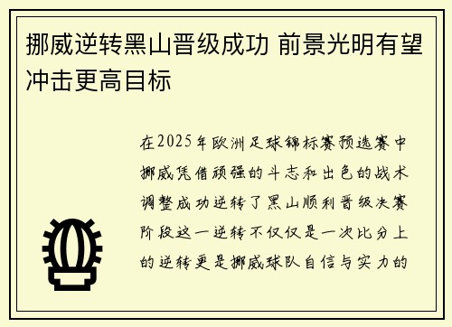 挪威逆转黑山晋级成功 前景光明有望冲击更高目标