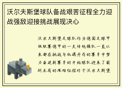 沃尔夫斯堡球队备战艰苦征程全力迎战强敌迎接挑战展现决心