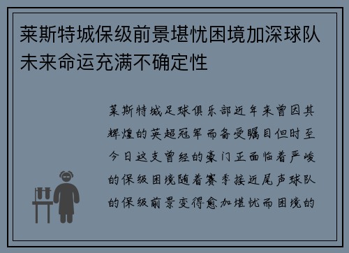 莱斯特城保级前景堪忧困境加深球队未来命运充满不确定性
